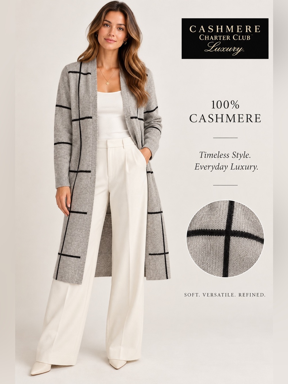 Cashmere Charter Club Luxury 100% Cashmere Long Cardigan Gray Black Windowpane M